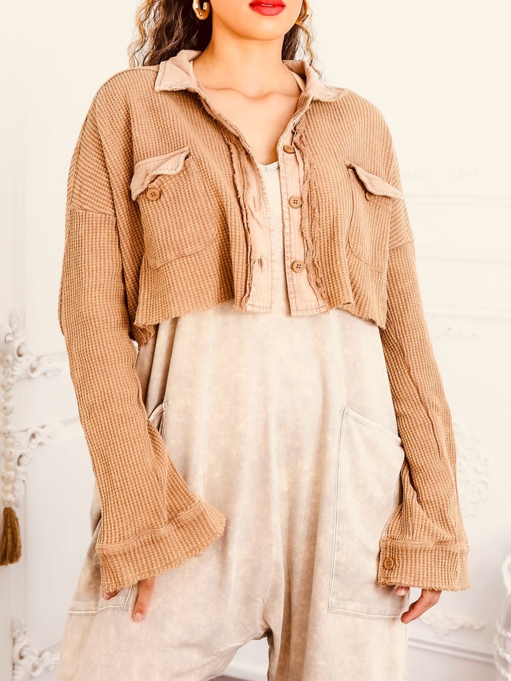 Free People Cropped Waffle-Knit Shacket in Camel
